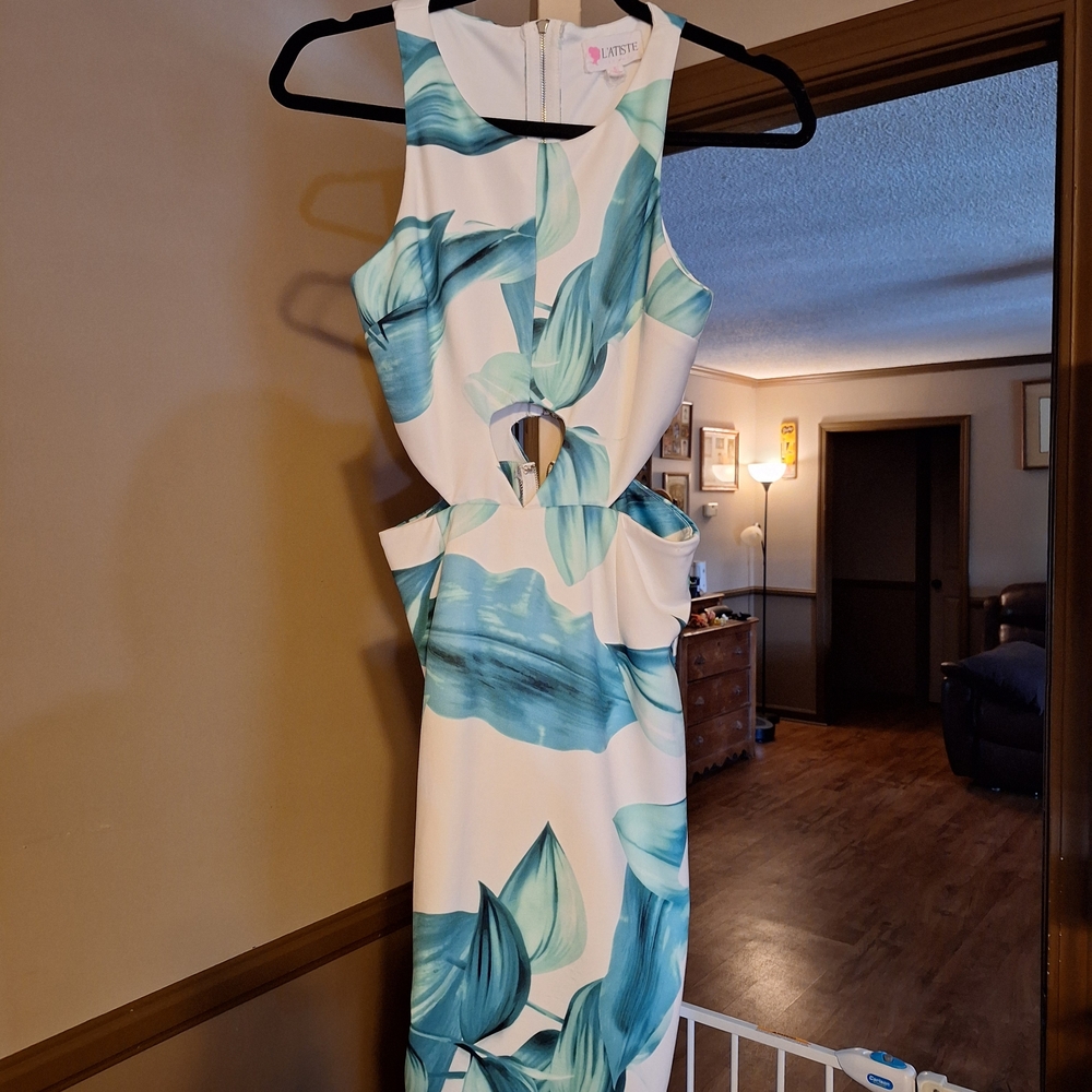 L'ATISTE Backless Dress in Teal and White